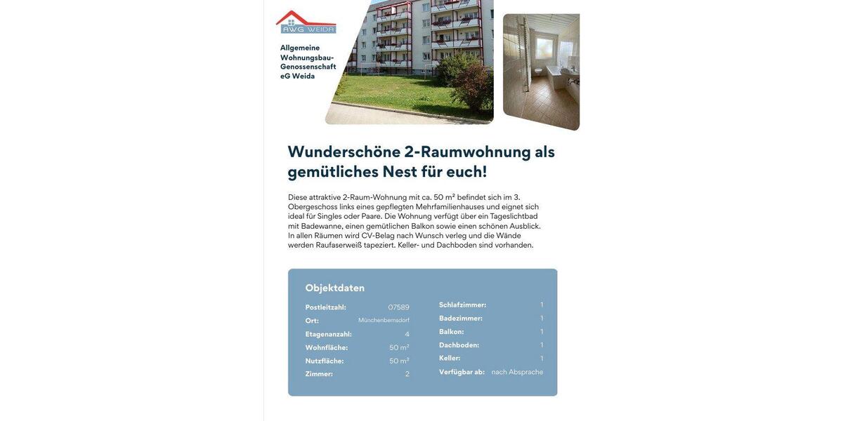 Etagenwohnung Münchenbernsdorf - 2 Zimmer, 50 m&sup2;, 275&euro; | Angebot:26366929