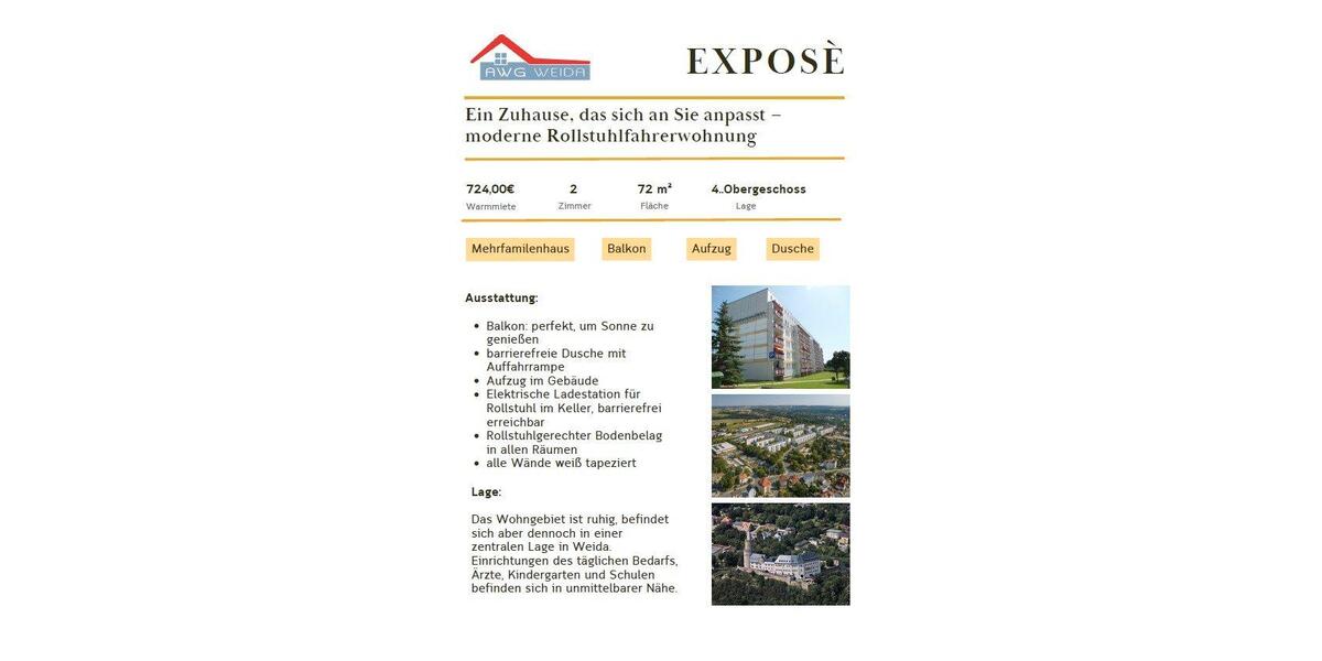 Etagenwohnung Weida - 2 Zimmer, 72 m&sup2;, 434&euro; | Angebot:26366927